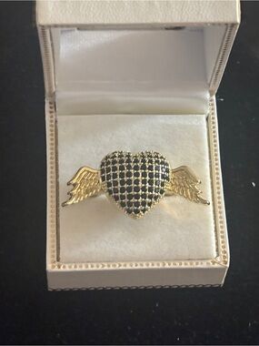Gold Winged Heart Ring with Black Pavé Stones Size 8